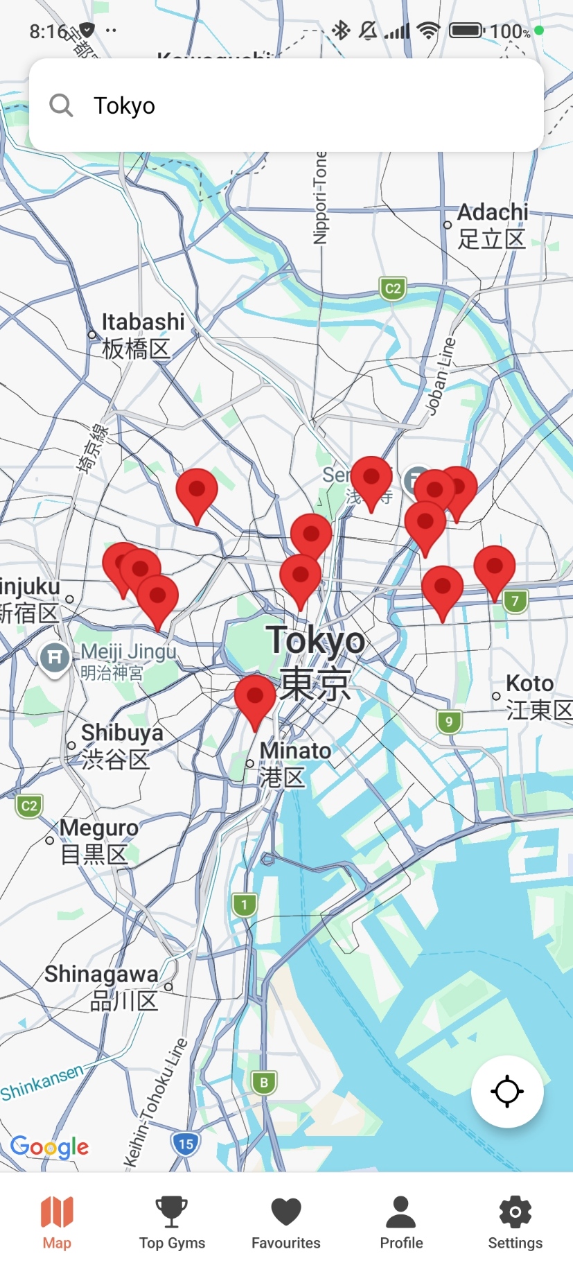 Map screen showing climbing gyms