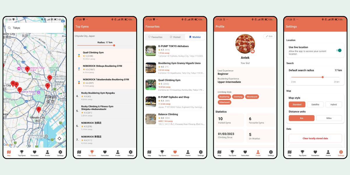 Climbing Gym Discovery App screenshots